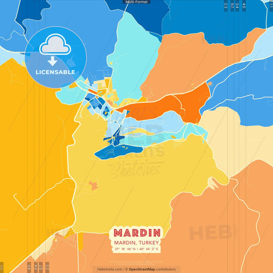 Mardin, Mardin, Turkey blue and orange vector art map template