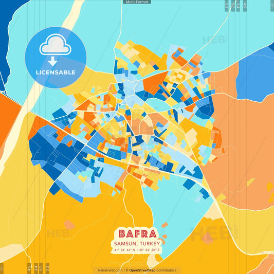 Bafra, Samsun, Turkey blue and orange vector art map template