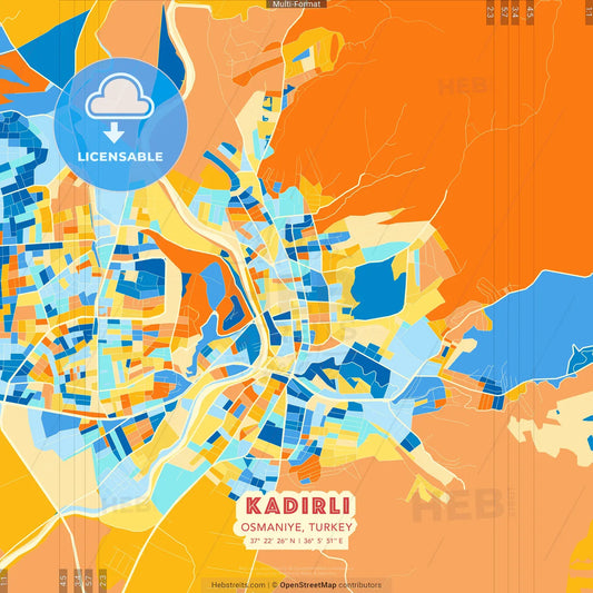 Kadirli, Osmaniye, Turkey blue and orange vector art map template