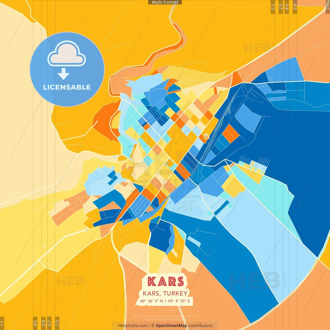 Kars, Kars, Turkey blue and orange vector art map template