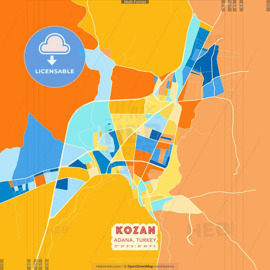 Kozan, Adana, Turkey blue and orange vector art map template