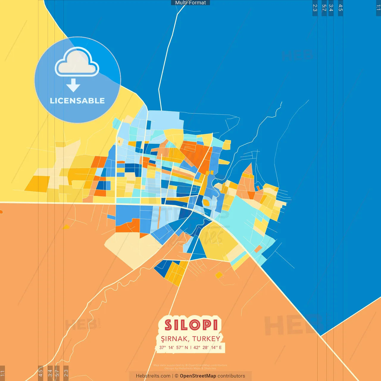 Silopi, Şırnak, Turkey blue and orange vector art map template