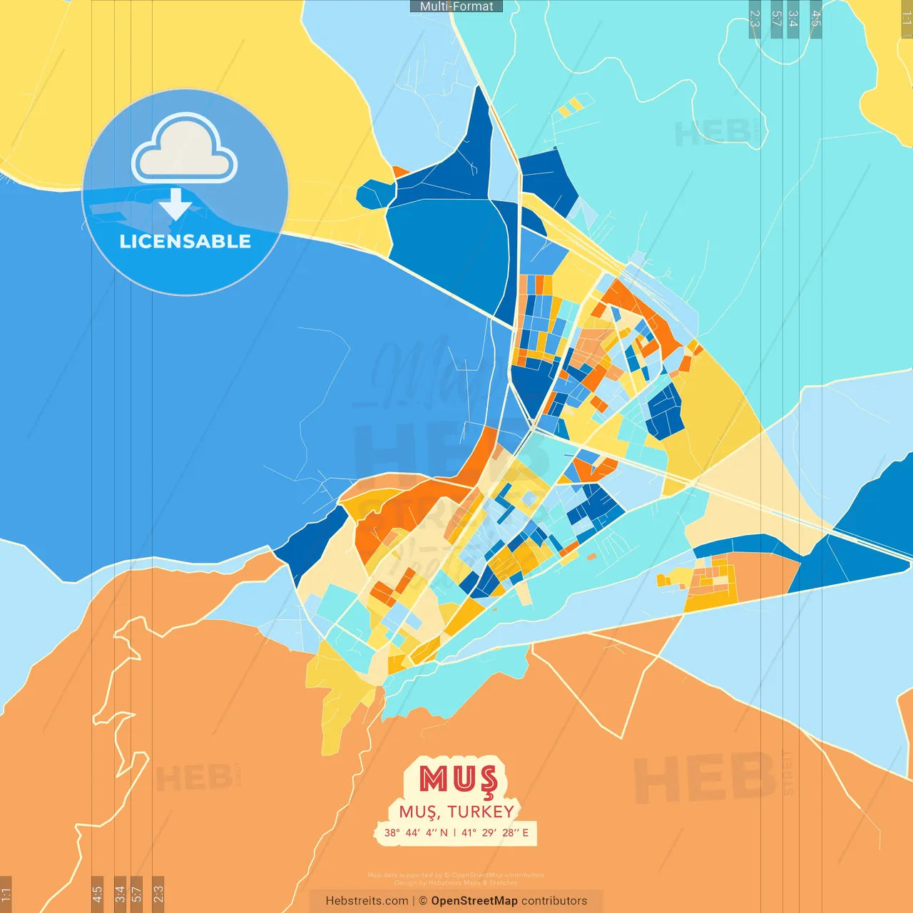 Muş, Muş, Turkey blue and orange vector art map template