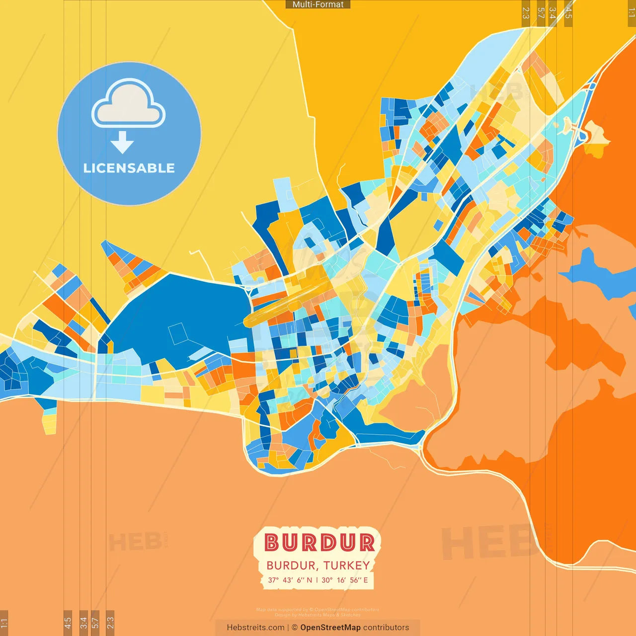 Burdur, Burdur, Turkey blue and orange vector art map template