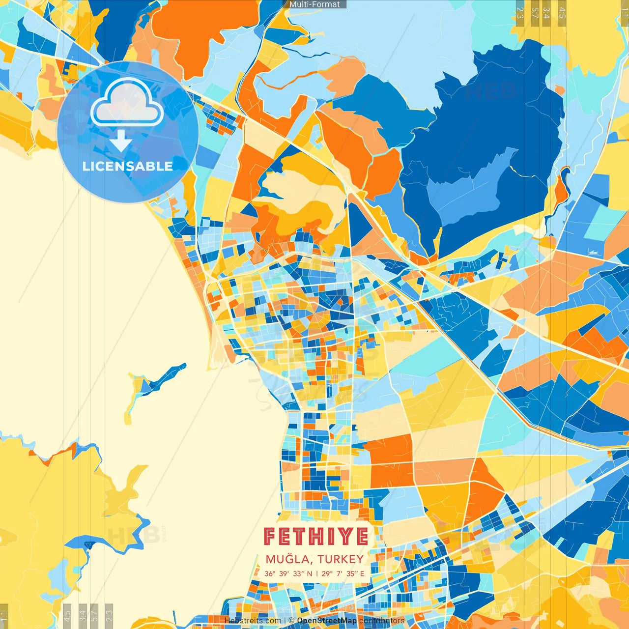 Fethiye, Muğla, Turkey blue and orange vector art map template