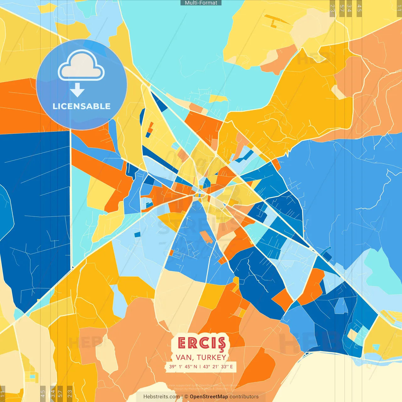Erciş, Van, Turkey blue and orange vector art map template