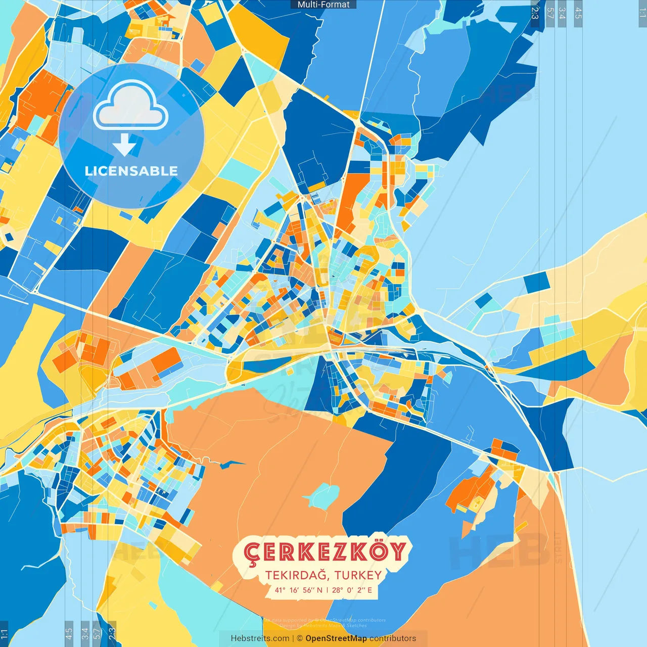Çerkezköy, Tekirdağ, Turkey blue and orange vector art map template