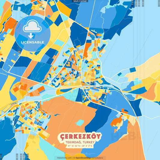 Çerkezköy, Tekirdağ, Turkey blue and orange vector art map template