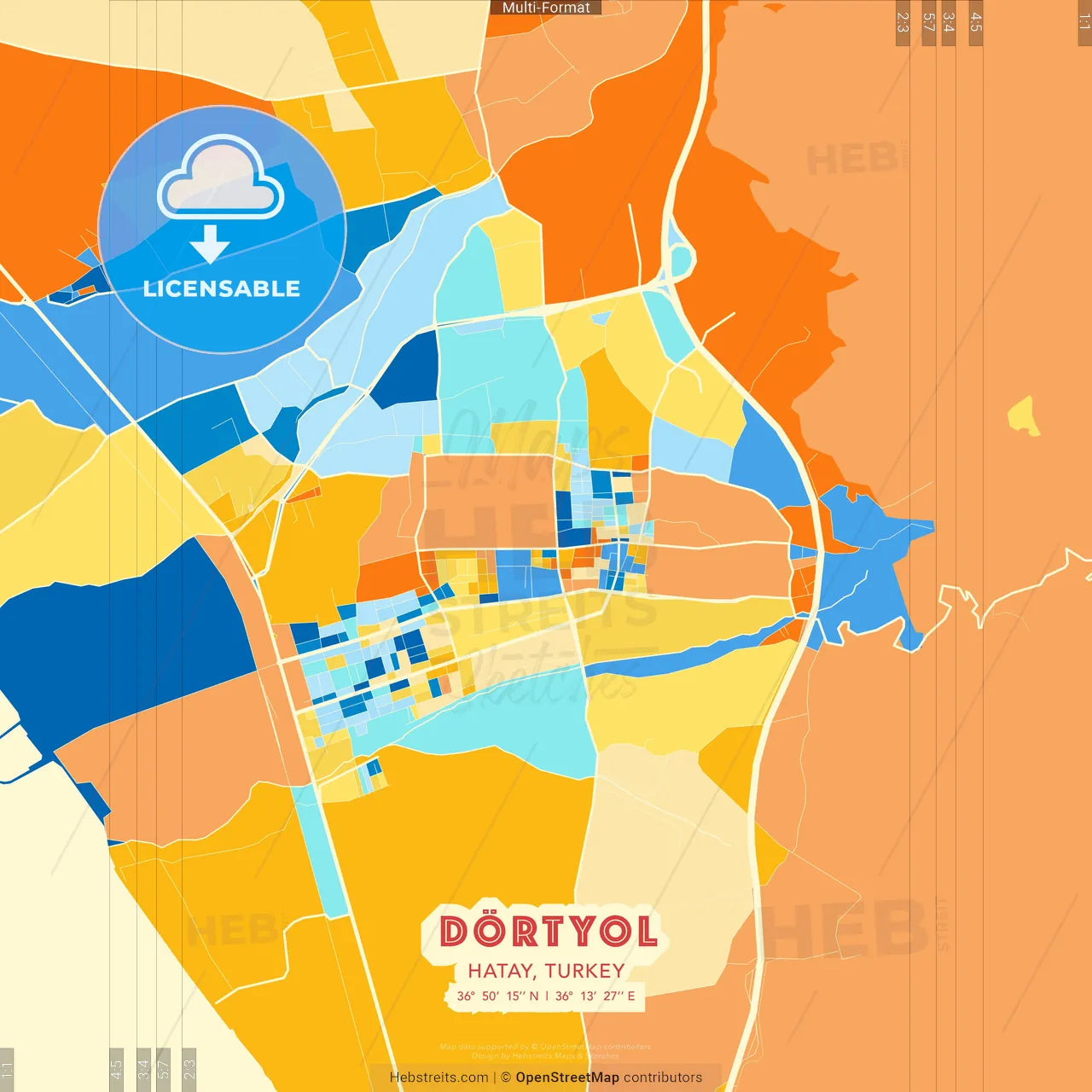 Dörtyol, Hatay, Turkey blue and orange vector art map template