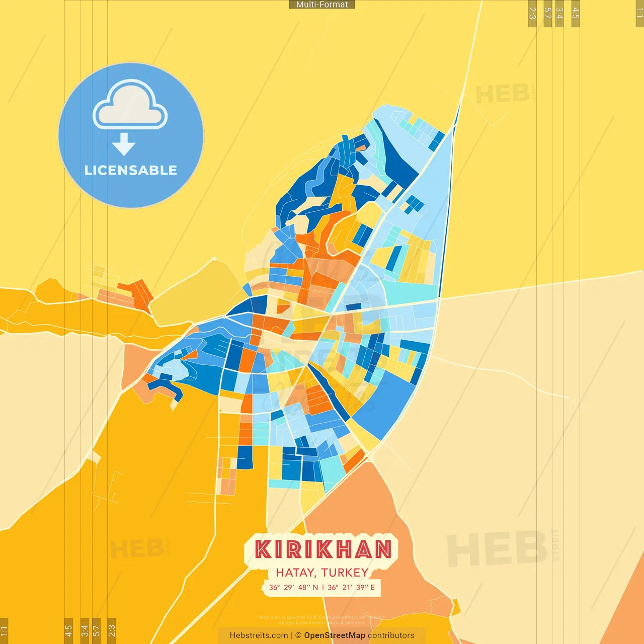 Kırıkhan, Hatay, Turkey blue and orange vector art map template