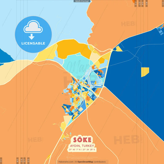 Söke, Aydın, Turkey blue and orange vector art map template