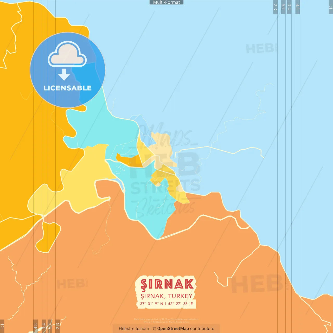 Şırnak, Şırnak, Turkey blue and orange vector art map template