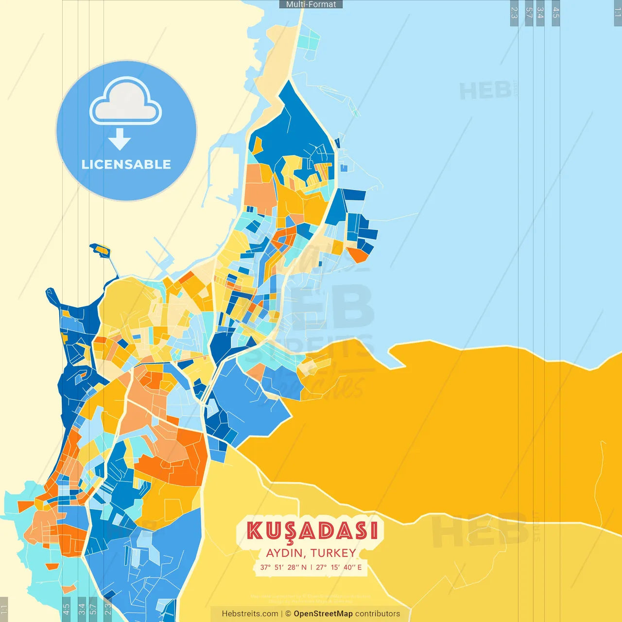 Kuşadası, Aydın, Turkey blue and orange vector art map template