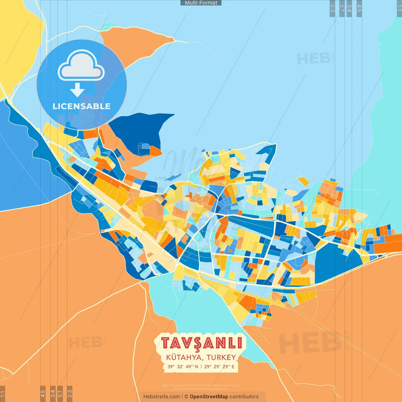 Tavşanlı, Kütahya, Turkey blue and orange vector art map template