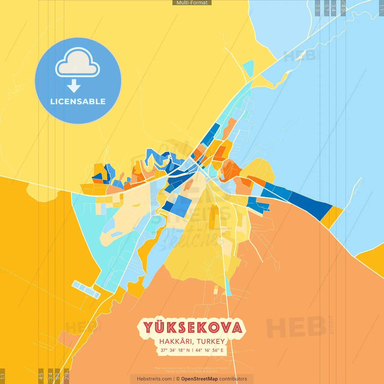 Yüksekova, Hakkâri, Turkey blue and orange vector art map template