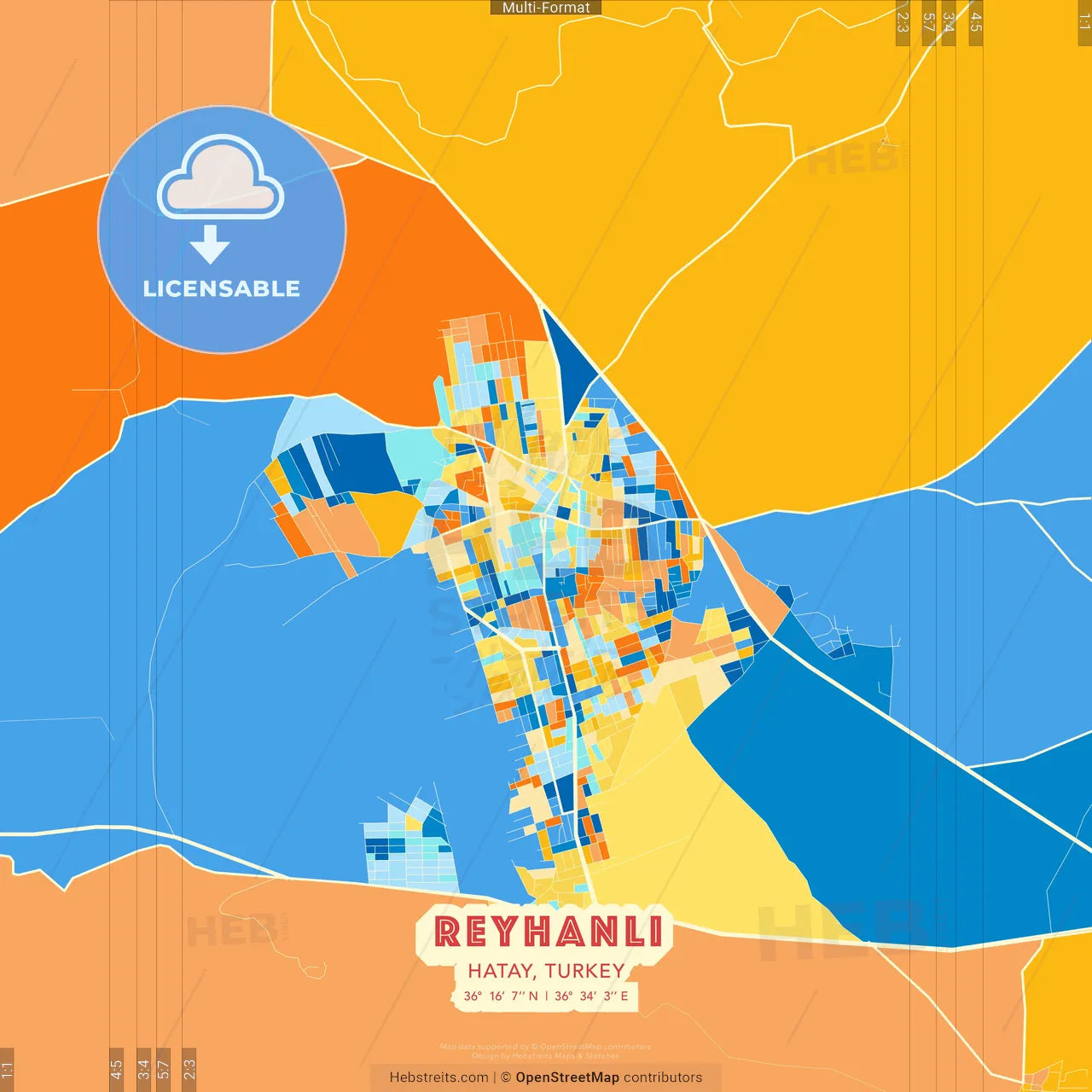 Reyhanlı, Hatay, Turkey blue and orange vector art map template