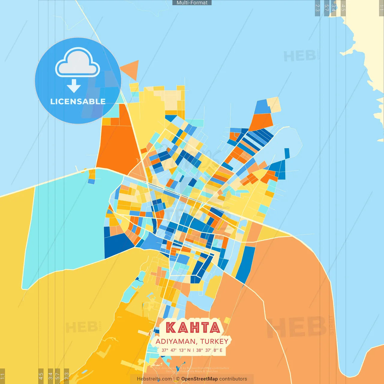 Kahta, Adıyaman, Turkey blue and orange vector art map template