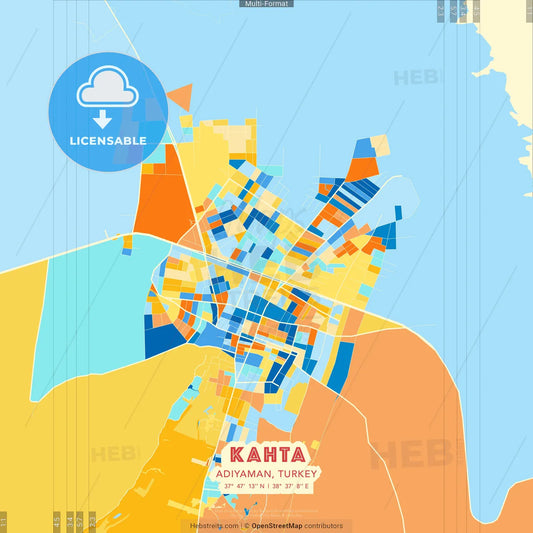 Kahta, Adıyaman, Turkey blue and orange vector art map template