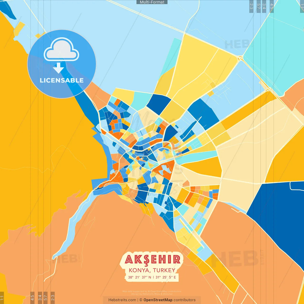 Akşehir, Konya, Turkey blue and orange vector art map template