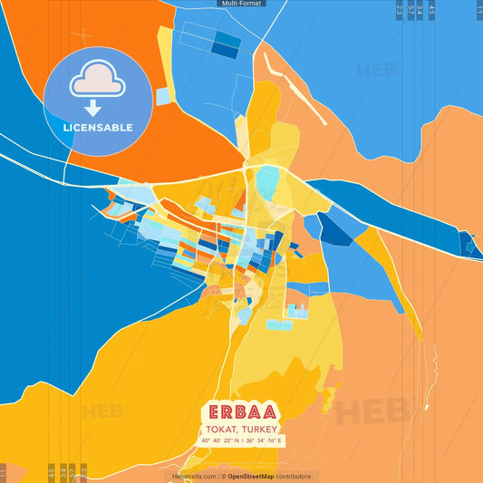 Erbaa, Tokat, Turkey blue and orange vector art map template