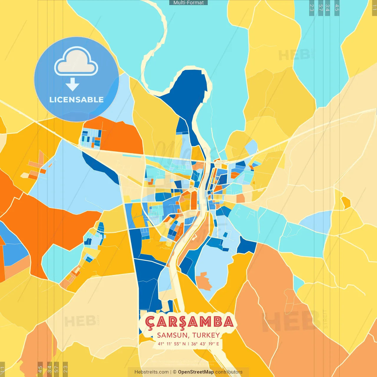 Çarşamba, Samsun, Turkey blue and orange vector art map template