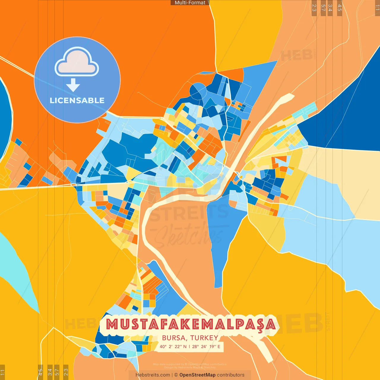 Mustafakemalpaşa, Bursa, Turkey blue and orange vector art map template
