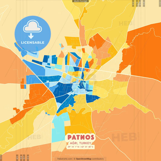 Patnos, Ağrı, Turkey blue and orange vector art map template