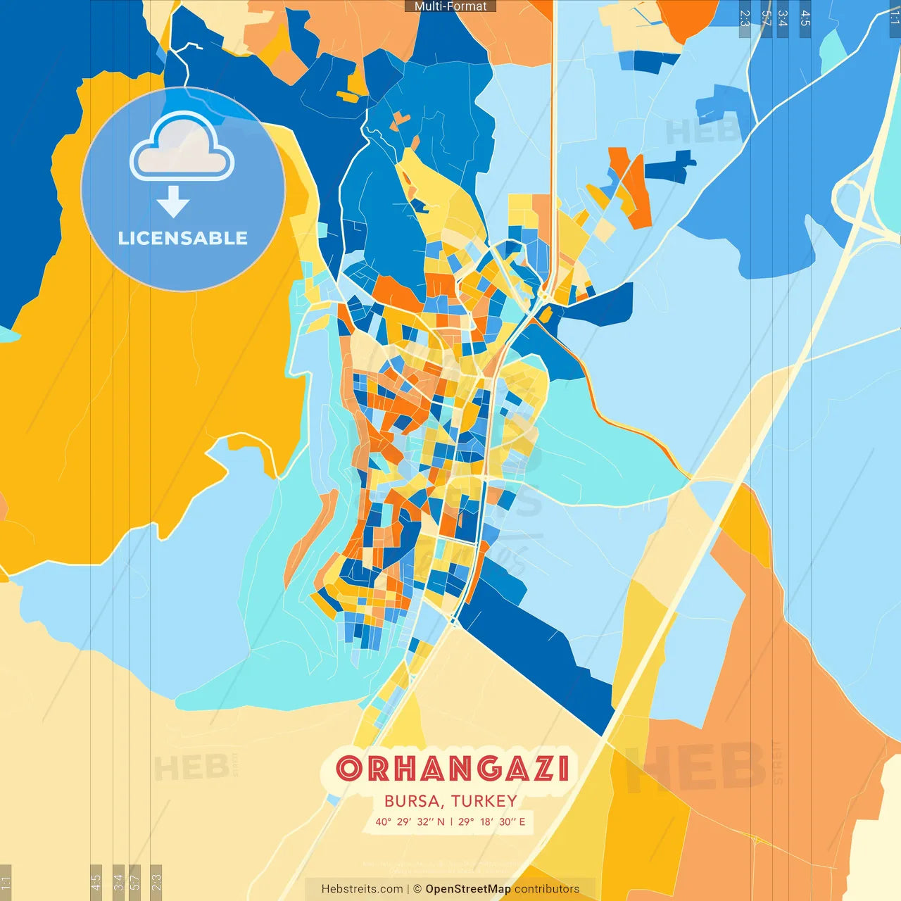 Orhangazi, Bursa, Turkey blue and orange vector art map template