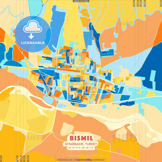 Bismil, Diyarbakır, Turkey blue and orange vector art map template