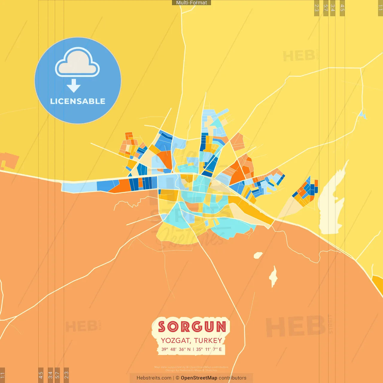 Sorgun, Yozgat, Turkey blue and orange vector art map template