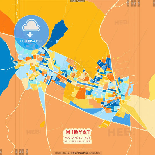 Midyat, Mardin, Turkey blue and orange vector art map template