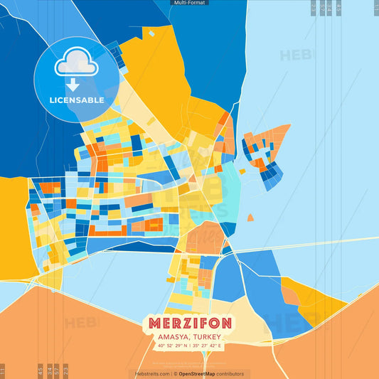 Merzifon, Amasya, Turkey blue and orange vector art map template