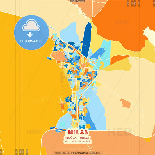 Milas, Muğla, Turkey blue and orange vector art map template