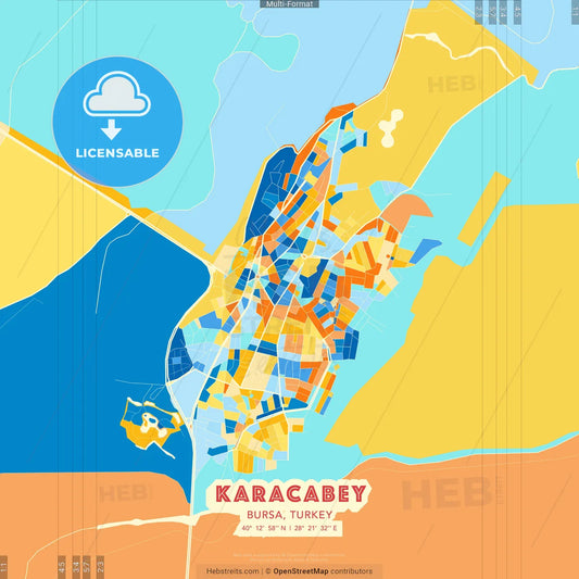Karacabey, Bursa, Turkey blue and orange vector art map template