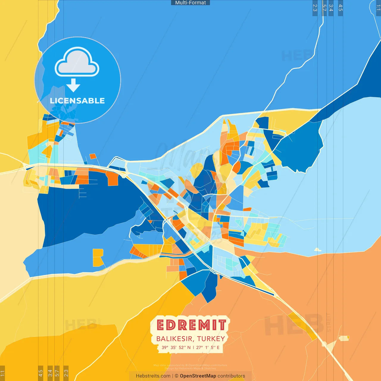 Edremit, Balıkesir, Turkey blue and orange vector art map template