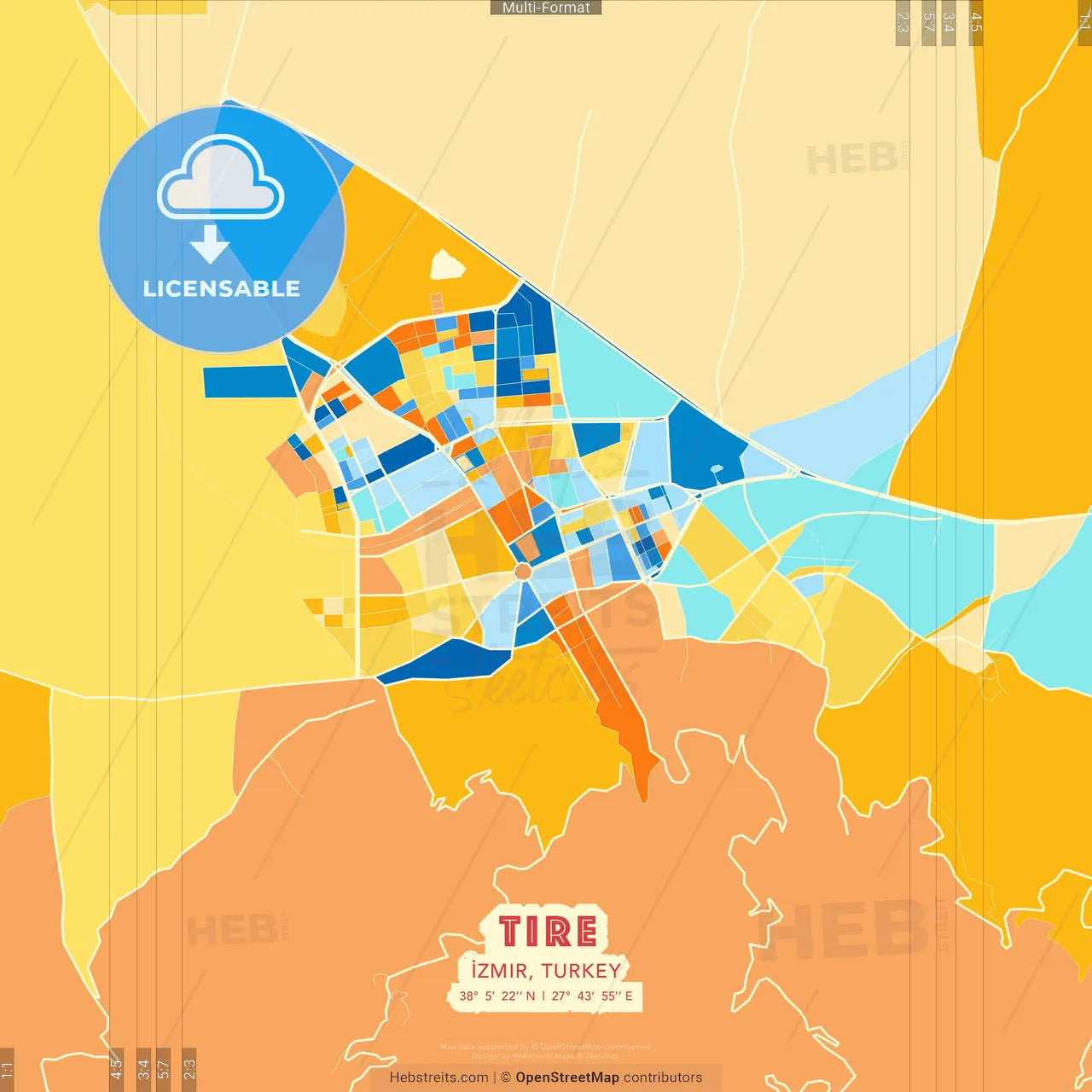 Tire, İzmir, Turkey blue and orange vector art map template