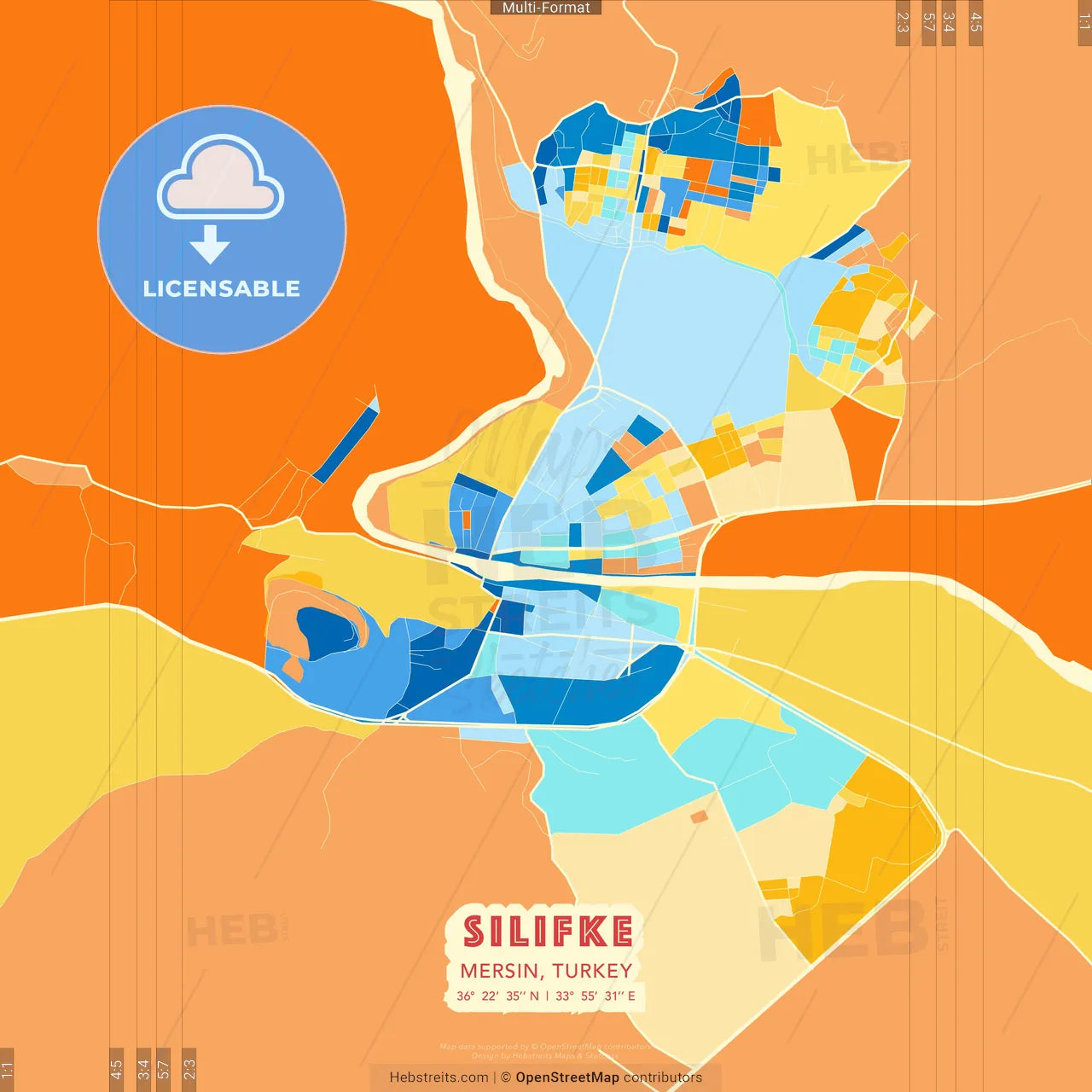 Silifke, Mersin, Turkey blue and orange vector art map template
