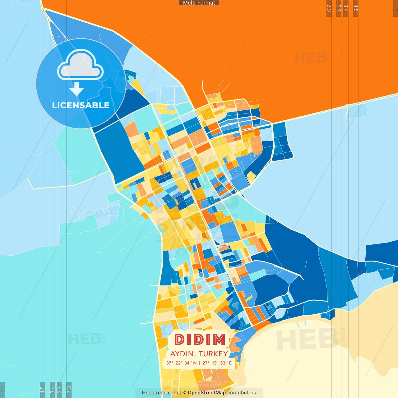 Didim, Aydın, Turkey blue and orange vector art map template