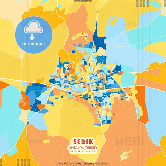 Serik, Antalya, Turkey blue and orange vector art map template