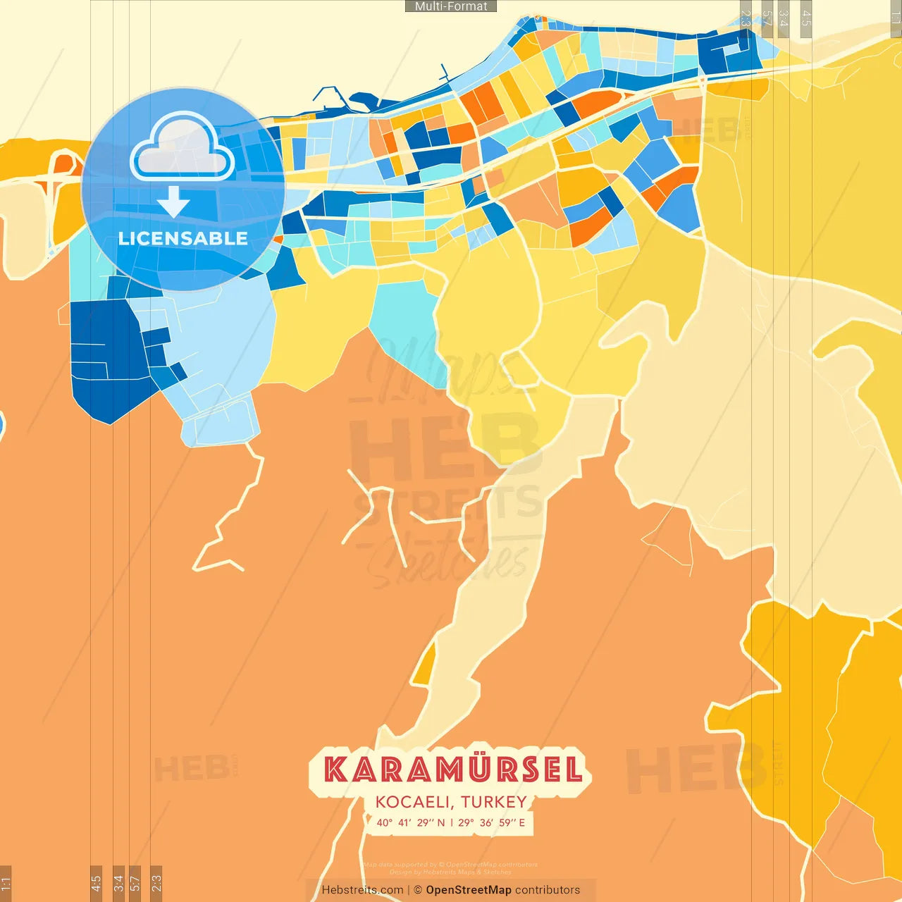 Karamürsel, Kocaeli, Turkey blue and orange vector art map template