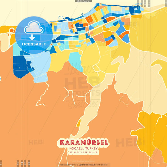 Karamürsel, Kocaeli, Turkey blue and orange vector art map template
