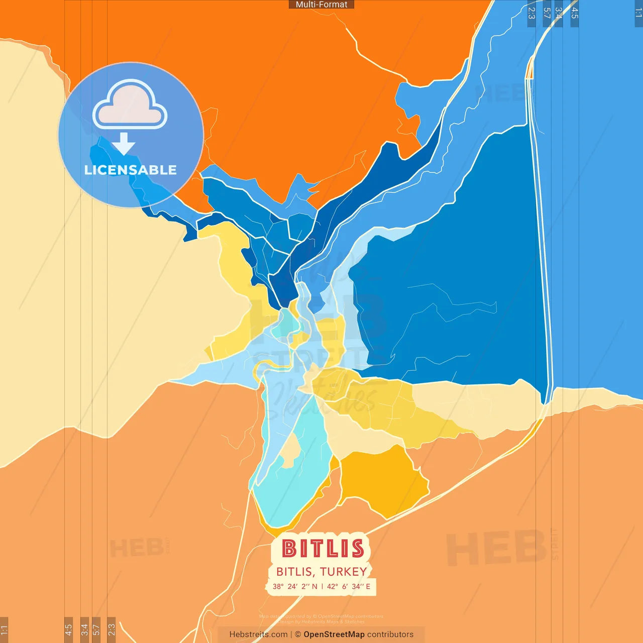 Bitlis, Bitlis, Turkey blue and orange vector art map template