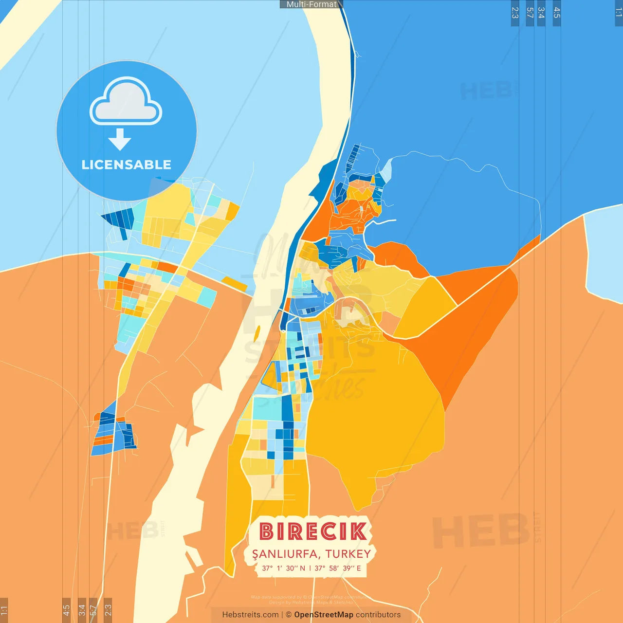 Birecik, Şanlıurfa, Turkey blue and orange vector art map template