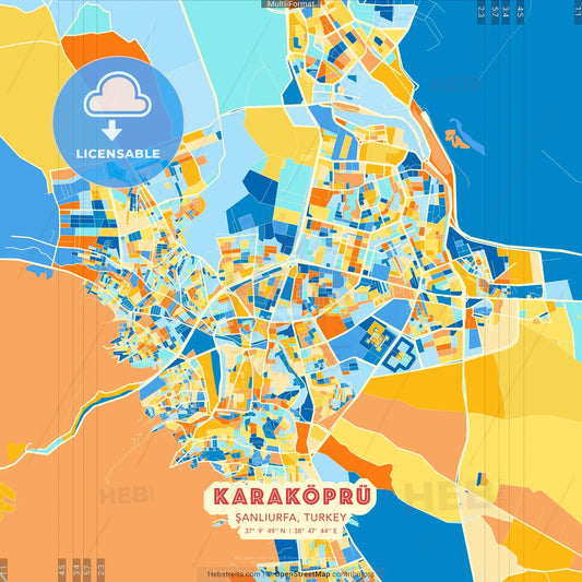 Karaköprü, Şanlıurfa, Turkey blue and orange vector art map template