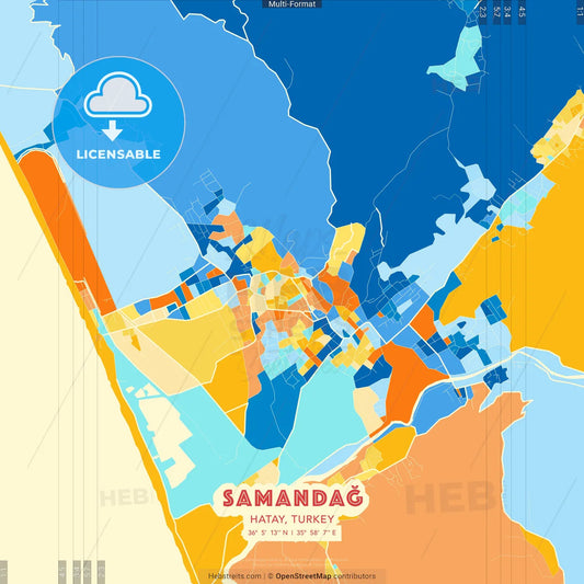 Samandağ, Hatay, Turkey blue and orange vector art map template