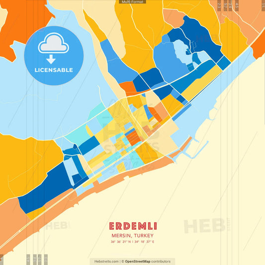 Erdemli, Mersin, Turkey blue and orange vector art map template