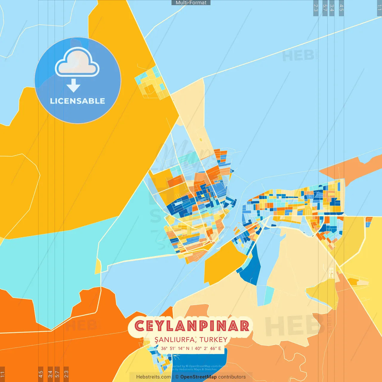 Ceylanpınar, Şanlıurfa, Turkey blue and orange vector art map template