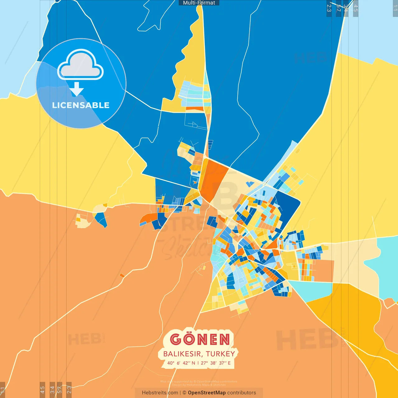 Gönen, Balıkesir, Turkey blue and orange vector art map template