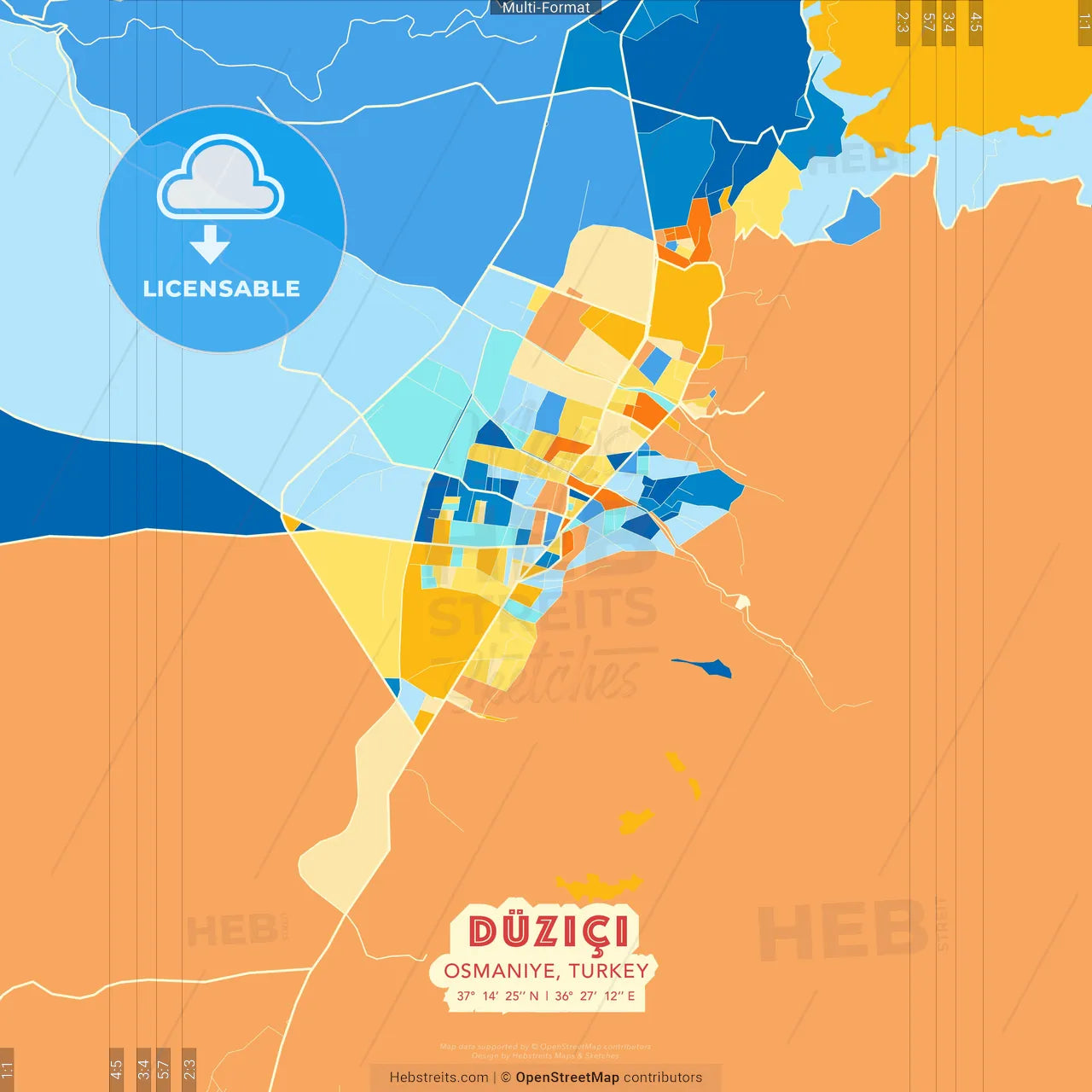 Düziçi, Osmaniye, Turkey blue and orange vector art map template