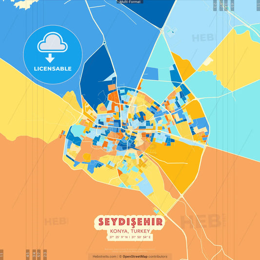 Seydişehir, Konya, Turkey blue and orange vector art map template